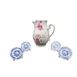 A SET OF FOUR MEISSEN MENU HOLDERS AND A PINK FLORAL HOT WATER JUG, the menu holders in the form
