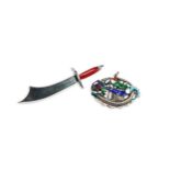 A WHITE METAL CUTLASS BROOCH AND CHINESE ENAMEL PENDANT pendant in the form of a dragon and