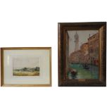 A FRENCH WATERCOLOUR OF SHEEP GRAZING & A VENETIAN SCENE OILIOGRAPH, the water colour with an