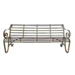 A 19TH CENTURY WROUGHT-IRON GARDEN BENCH, with swept scroll work arms, 80 x 183 x 58 cm Provenance :