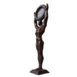 UNUSUAL AND RARE 1920'S STATUE, POSSIBLE BRONZE DEPICTING A TRIUMPHANT INDIVIDUAL HOLDING A