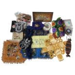 A QUANTITY OF VICTORIAN BEADWORK INCLUDING PURSES, VARIOUS EMBROIDERIES,  TEXTILES ETC. A LOT.