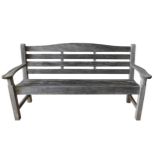 A WEATHERED HARDWOOD SLATTED GARDEN BENCH, 86 x 163 x 62 cm