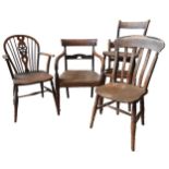 FIVE VARIOUS 19TH CENTURY CHAIRS, including two Oxford back chairs, a wheel back carver chair, a