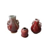 TWO CHINESE FLAMBE-GLAZED VASES, HU together with a a waterpot the tallest measuring 14.5 cm high