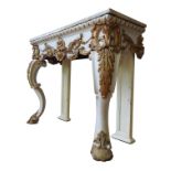 A CREAM PAINTED MARBLE TOP CONSOLE TABLE, with gilded swag decoration, the cabriole legs terminating