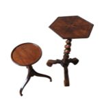 A 19TH CENTURY WALNUT HEXAGONAL TOP BARLEY TWIST WINE TABLE, and a smaller mahogany wine table,