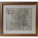 A HAND COLOURED MAP OF HAMPSHIRE BY ROBERT MORDEN, 36 x 42 cm