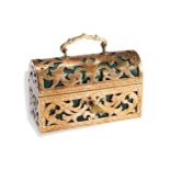 A LATE 19TH CENTURY BRASS CASKET BOX reticulated in renaissance style and lined with faux green