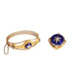 A VICTORIAN BLUE ENAMEL, DIAMOND AND GOLD BRACELET AND BROOCH, CIRCA 1870 the bangle set with a