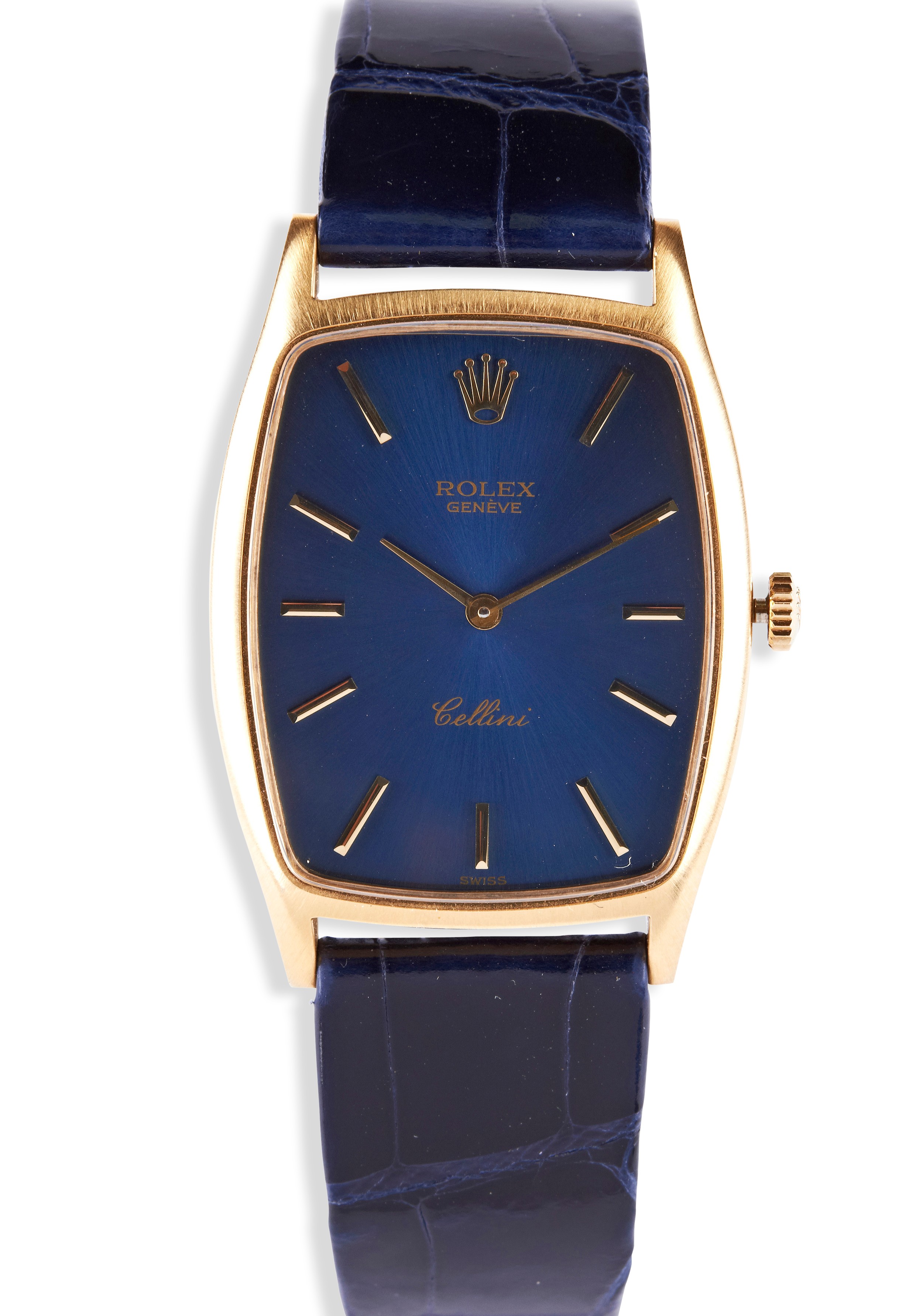 UNISEX ROLEX CELLINI 18CT GOLD BLUE VIGNETTE DIAL WATCH  case reverse marked with the Rolex crown,