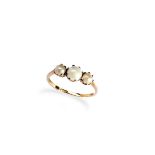 A LATE VICTORIAN THREE STONE PEARL RING, CIRCA 1890 the three graduating pearls, each claw set above