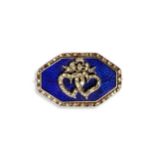 A GEORGIAN BLUE ENAMEL AND DIAMOND BROOCH with a double heart motif set with rose cut diamonds on