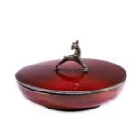 A DAVID ANDERSEN STERLING SILVER AND ENAMEL POWDER BOWL a red guilloche enamel bowl with lid, handle