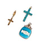 A COLLECTION OF ANTIQUE JEWELLERY Including a chased yellow metal and turquoise pave set cross,