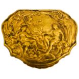 GEORGE II GILT-COPPER SNUFFBOX CIRCA 1750 of cartouche-form, chased with panels of flowers within