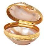 FRENCH GILT-METAL MOUNTED AGATE SNUFF BOX, 19TH CENTURY of tapered ovoid form, the mounts with