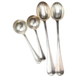 A PAIR OF SILVER RAT TAIL BASTING SPOONS AND A PAIR OF MATCHING SAUCE LADLES, by Mappin & Webb,