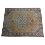 A LARGE TURKISH STYLE MACHINED COTTON CARPET, deep border with central medallion on a pale biege