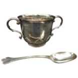 A SILVER PORRINGER WITH ASSOCIATED TREFID SPOON, with a fitted case, the porringer London, 1810, the