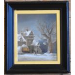 A WINTER SCENE OIL PAINTING, depciting figure in blizzard outside 'The Punch Bowl' Inn, signed E.