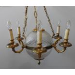 A VINTAGE SPHERICAL CUT GLASS CENTRAL LIGHT, with six branches emanating from a central brass