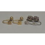 TWO PAIRS OF EARRINGS A 9ct white gold pair of earrings set with synthetic rubies and diamond