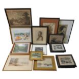A COLLECTION OF FRAMED RURAL WATER COLOURS, ETCHINGS AND LITHOGRAPHS