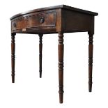 A 19TH CENTURY MAHOGANY BOW FRONT SIDE TABLE, with frieze drawer,  on turned legs, 78 x 96 x 53 cm