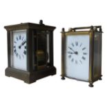 TWO FRENCH VINTAGE BRASS CARRIAGE CLOCKS, one retailed by Harrods, the largest measuring 11.5 x 9.