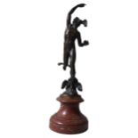 A 20TH CENTURY CAST METAL FIGURE OF MERCURY, on a turned marble base, 39 cm high