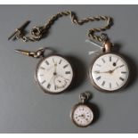 A HALLMARK SILVER CASED POCKET WATCH AND CHAIN, with another pocket watch and a silver fob watch