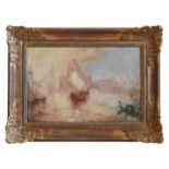 IN THE MANNER OF TURNER, OIL ON CANVAS, MOUNTED ON CANVAS OF VENETIAN SCENE 31 X 46, inscribed J.M.W