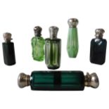 AN EMERALD GREEN GLASS SILVER MOUNTED DOUBLE ENDED SCENT BOTTLE AND FIVE OTHER SCENT BOTTLES