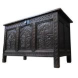 A RARE 17TH CENTURY WEST COUNTRY CARVED OAK CHEST, circa 1650, 79 x 132 x 61 cm