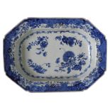 AN 18th CENTURY CHINESE BLUE AND WHITE EXPORT DISH of rectangular form with canted corners and
