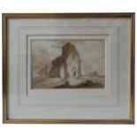 THOMAS TUDOR (1785-1855) 'LANDSCAPE WITH RUINED CHURCH' WATERCOLOUR ON PAPER, framed, inscribed on