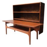 A RETRO COFFEE TABLE AND THREE TIER BOOKSHELF, the coffee table circa 1970, with magazine shelf