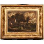 MANNER OF JOHN CONSTABLE, 19TH CENTURY OIL ON BOARD' OF HAYWAIN SCENE, with hand written label and a