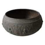 AN INDIAN BRASS TIMURID-STYLE BOWL, with ornate floral and figure decorated engraving, 27 cm