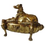 A FRENCH EARLY 20TH CENTURY GILT BRONZE INK STAND, circa 1900, the cover decorated with a