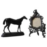 A 20TH CENTURY CAST METAL HORSE FIGURE AND CAST METAL ART NOUVEAU STYLE PICTURE FRAME, the free