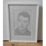 ANNE MARIE SMITH (b.1979) PEN & INK PORTRAIT OF SAM SMITH USING HIS SONG LYRICS, 46 x 31 cm