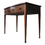 A MAHOGANY BOW FRONT INLAID CONSOLE TABLE, with two frieze drawers on tapered spade legs, 77 x 106 x