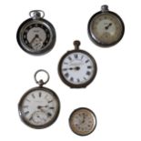 A SILVER CASED POCKET WATCH, SILVER FOB WATCH AND THREE OTHER VINTAGE POCKET WATCHES