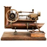 AN ENGINEERED HORIZONTAL STEAM ENGINE AND BOILER in copper, brass and steel with circular boiler