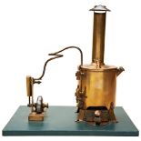 A VERTICAL BRASS STEAM BOILER WITH TALL CHIMNEY and small piston with a heavy drilled steel