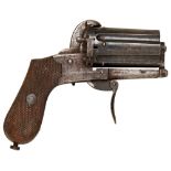 A SIX SHOT PINFIRE PEPPERBOX REVOLVER with swing-out loading gate, folding trigger, chequered two