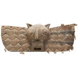 A BOBO BAT PLANK MASK FROM BURKINA FASO with stylised head flanked by two wings and a Fang head.