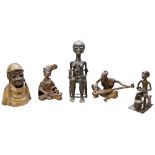 AN ASHANTI BRONZE FIGURE OF A MAN WITH A GOURD a bronze figure of a seated woman and three other